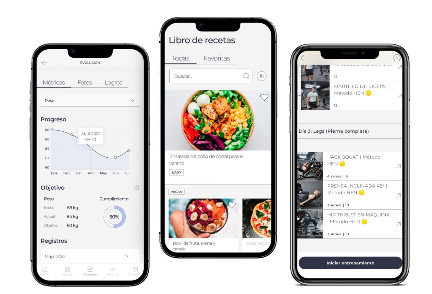 Entrenamiento, recetas y seguimiento en la app de HEN Coaching